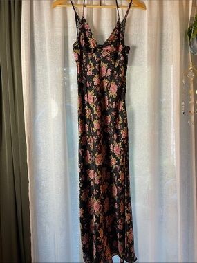 Zara Black Maxi Slip Dress with Pink Rose Print